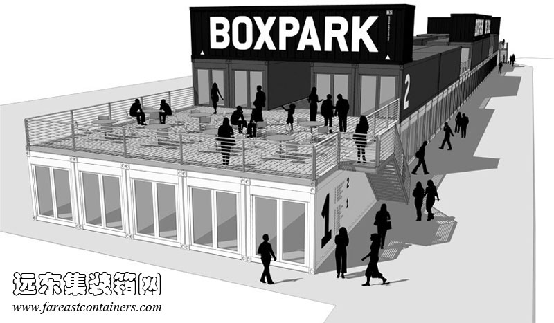 BOXPARK shoreditch 盒子公園集裝箱購物中心的外觀效果圖